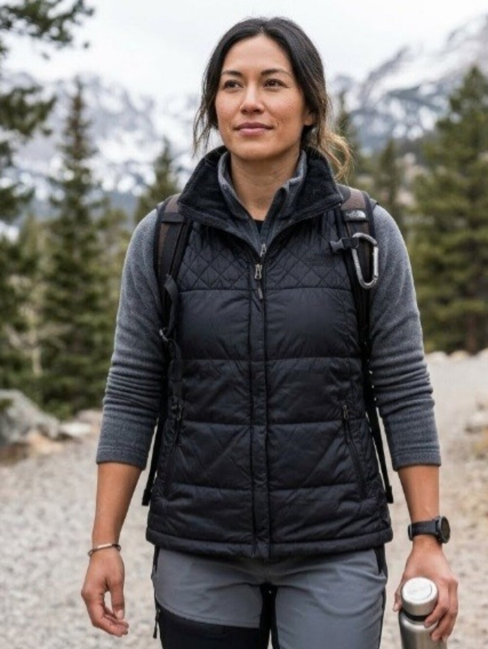 Large The North Face Women's Black Quilted Full-Zip Outerwear Vest.